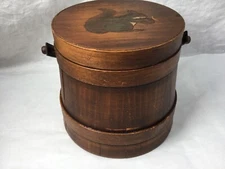 Old wooden Firkin, Mincemeat or Sugar bucket with squirrel on lid