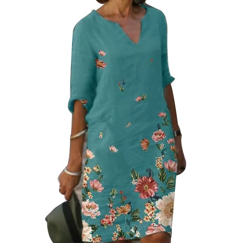 Damen-Midikleid Mit Blumenmuster Kurzärmelig Lässig Baggy-Strand-Kaftan- ≌ - Picture 12 of 17