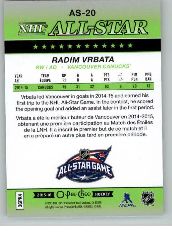 2015-16 O-Pee-Chee All-Star Glossy #AS20 Radim Vrbata (ref 130904) - Image 2 of 2