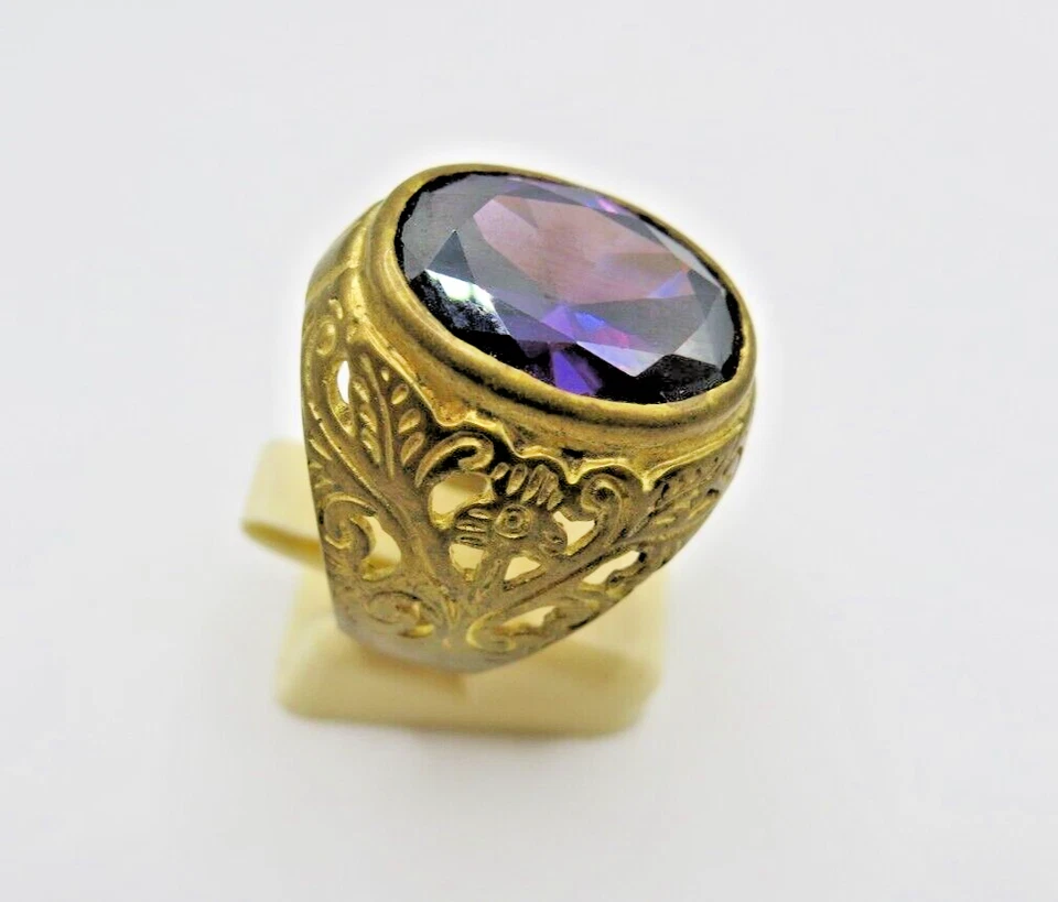 Anillo de latón amatista para hombre | Joyería vintage de flor de piedra púrpura | Delicada talla 10 Foto 3 de 4