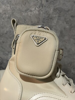 PRADA Women's 'Monolith' Pouch Leather Re-Nylon Boots Beige PRADA Women's 'Monolith' Pouch Leather Re-Nylon Boots Beige