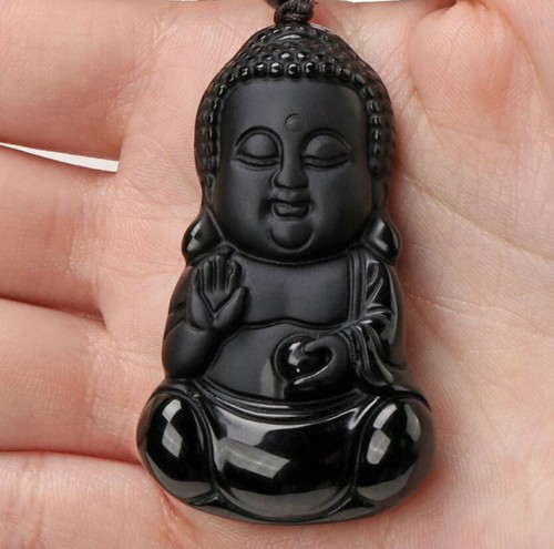 Natürlicher schwarzer Obsidian Baby Buddha Halskette Amulett Anhänger mit Perlenkette - Bild 5 von 5