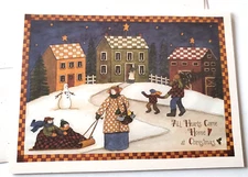 Vintage Christmas Card All Hearts Come Home at Christmas Rustic Country Saltbox