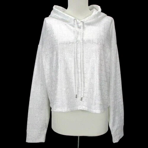 NWT MICHAEL Michael Kors White Silver Hoodie Womens Size M Medium Cropped Logo