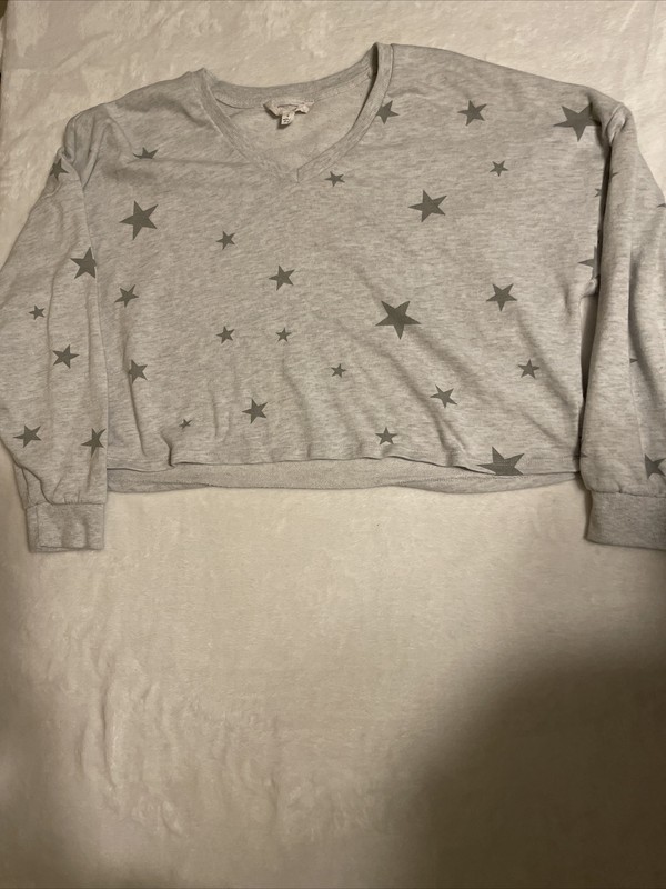 Juniors Pink Rose Cropped Sweat Shirt Gray With Stars Size Large