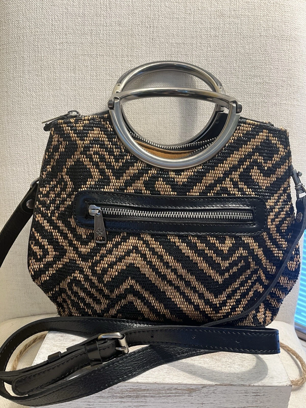 Patricia Nash Black Straw Woven Aria Double Ring Shopper Crossbody