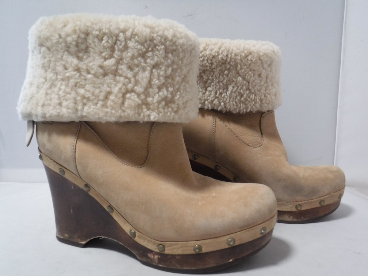 UGG Carnegie 1001317 Tan Mid-Calf Wedge Wood Platform Clog  display picture 1