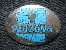 WESTERN ARIZONA CACTUS TURQUOISE INLAID BELT BUCKLE VINTAGE RARE 1970s USA 