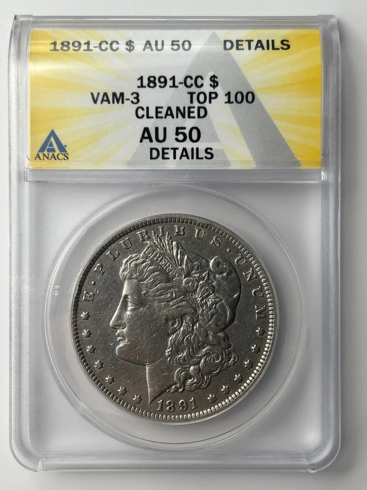 1891 CC Morgan Silver Dollar ANACS AU Details VAM-3 Spitting Eagle Top 100 - Image 2 of 4