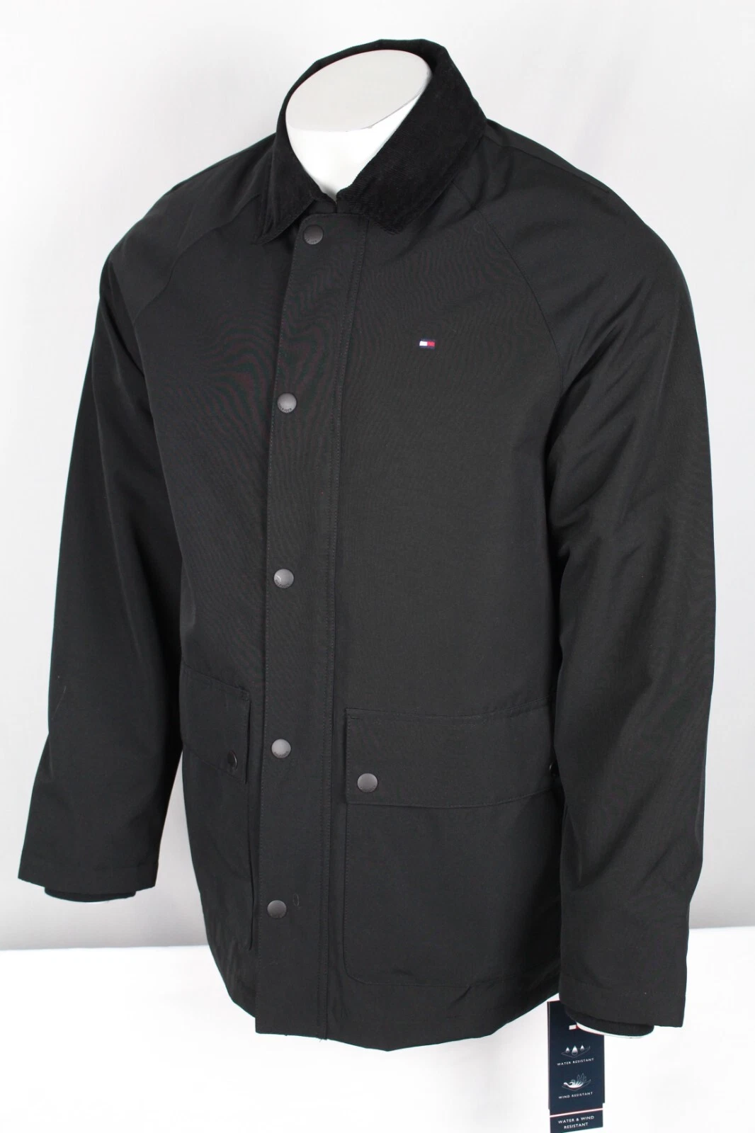 Tommy Hilfiger Men's Barn Jacket Corduroy Collar Long Sleeve Snap Full Zip Black