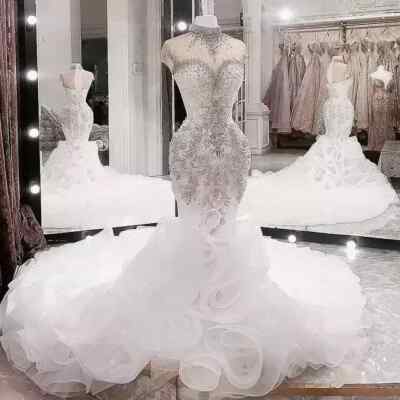 Elegant White Beaded Mermaid Wedding Dresses High Neck Bridal Gowns Plus  Size | eBay