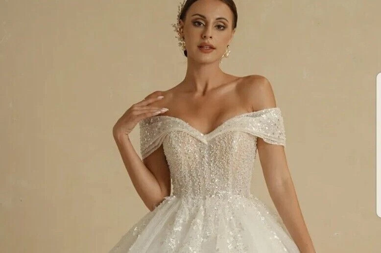Glitzer Brautkleid A-Linie mit Perlen & Ärmeln, schulterfrei, Ballkleid - Bild 3 von 4