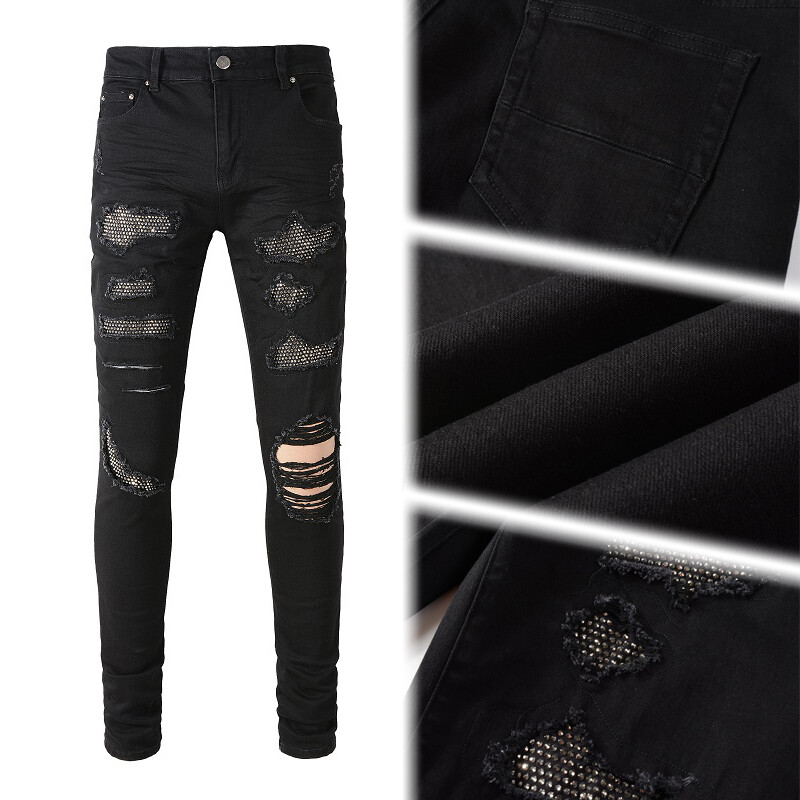 Men's Skinny Stretch Ripped Jeans with Distressed Holes, Rhinestone Patches