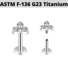 16G 3/8" G23 Titanium Internally Threaded Trinity Prong Set CZ Ear Tragus Labret