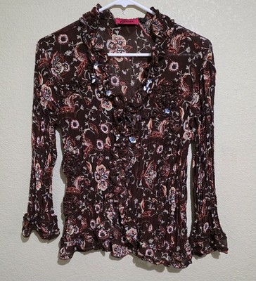 Carina Womens Blouse Size M Brown Floral Boho Ruffle Beaded Sheer Long Sleeve