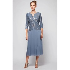 Alex Evenings 6P Angela Sequin Jacket Dress Steel Blue Tea Length Formal NWT