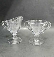 Vintage Imperial Glass Candlewick Pedestal Sugar And Creamer Set Beaded Handles