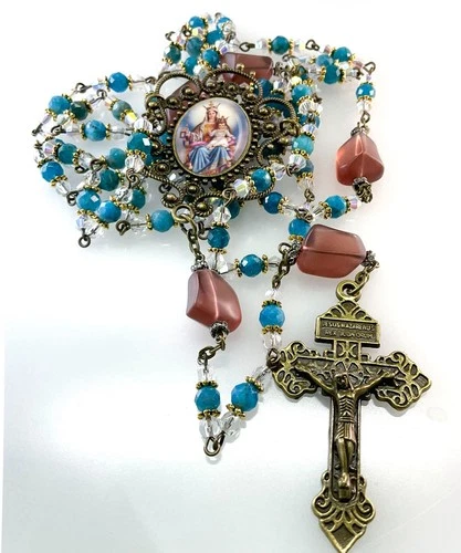 Our Lady of Mount Carmel Rosary - Blue Apatite Bronze Tone Vintage Style
