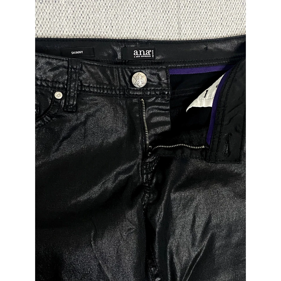 Pantalones de mezclilla recubiertos a.n.a Petite para mujer 12P 34X38 negros cera ajustados brillantes elásticos motociclista Foto 4 de 4