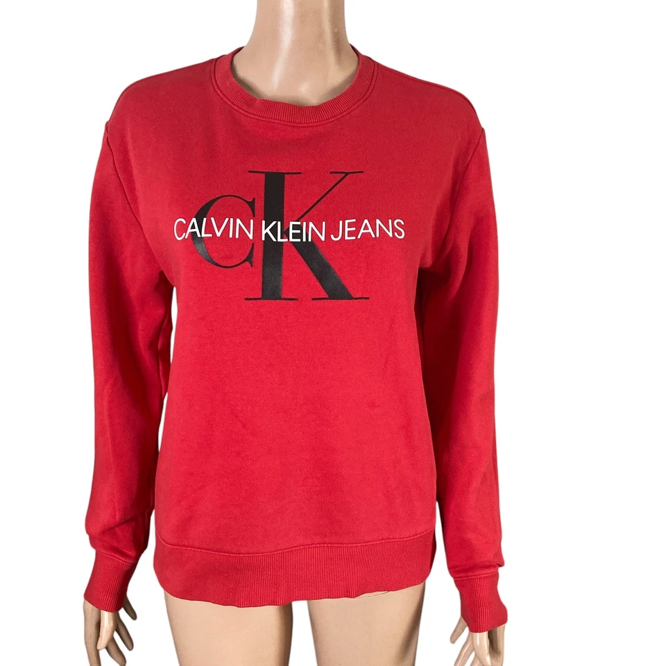 Calvin Klein Sweatshirt Small Chenille Monogram Logo Fleece Pullover Red BLK - Image 3 of 4