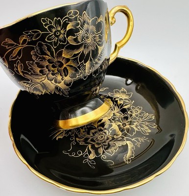 Vintage Tuscan England Black Gold Rose Cup & Saucer; Teacup Floral