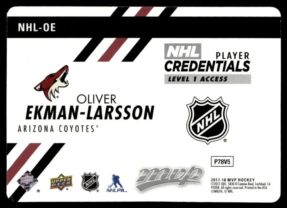 2017-18 Upper Deck MVP NHL Player Credentials Level Access Oliver Ekman-Larsson - Image 2 of 2