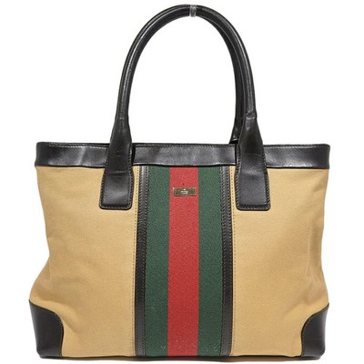 GUCCI Canvas Leather Tote Bag Beige Brown 002 1119