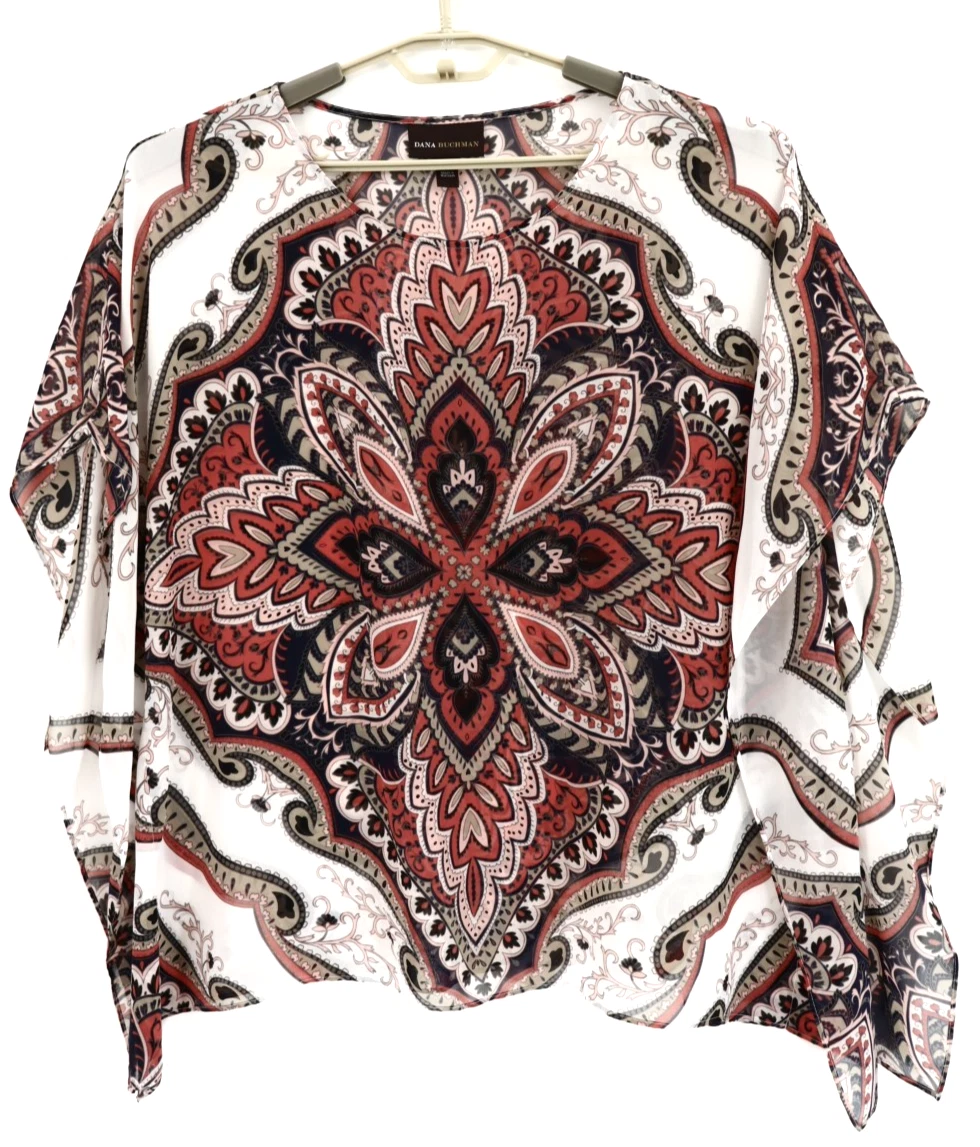 DANA BUCHMAN Women's Polyester Poncho Blouse Short Sleeve Geometric Multicolor L