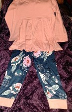 Girls 2-Piece Cotton Knit Outfit Set Pink Long Sleeve Top Floral Leggings 10/12
