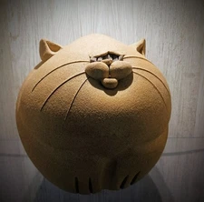 Whimsical Fat Cat Piggy Bank Art Pottery LARGE Texture Stoneware Vintage 8x7 inc