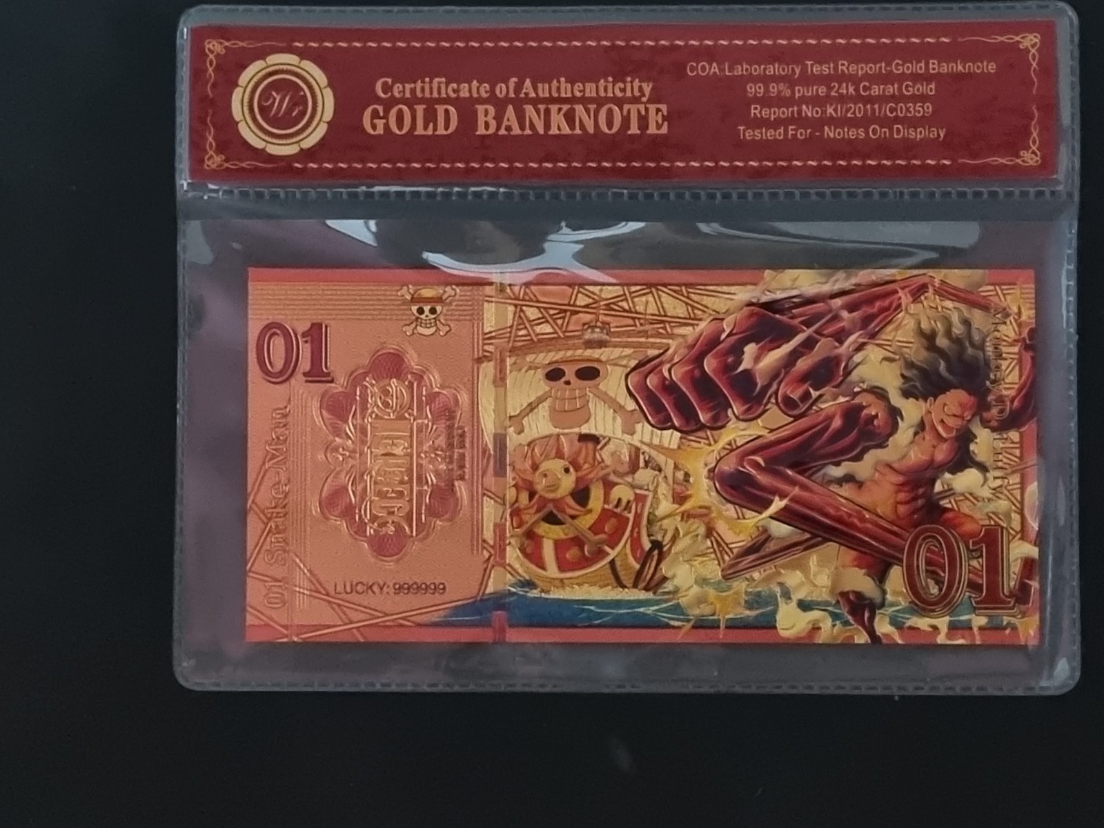 MONKE D. LUFFY - SNAKEMAN - ONE PIECE - BANCONOTA DORATA - CON CERTIFICATO