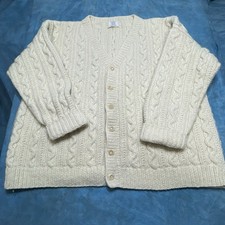Vtg Hand Made 100 Virgin Wool Chunky Cable Knit Mens XL Cream Cardigan