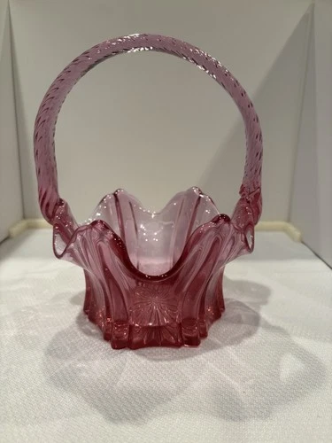 Vintage Fenton Pink Cranberry Glass Basket Ruffled Twisted Handle, Marked