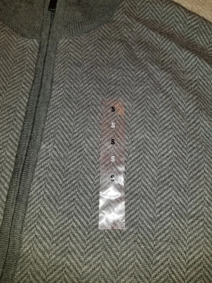 NWOT Mens Sweater-TOSCANO-gray herringbone merino wool zip cardigan Grandpa-S — 第 4/4 张图片