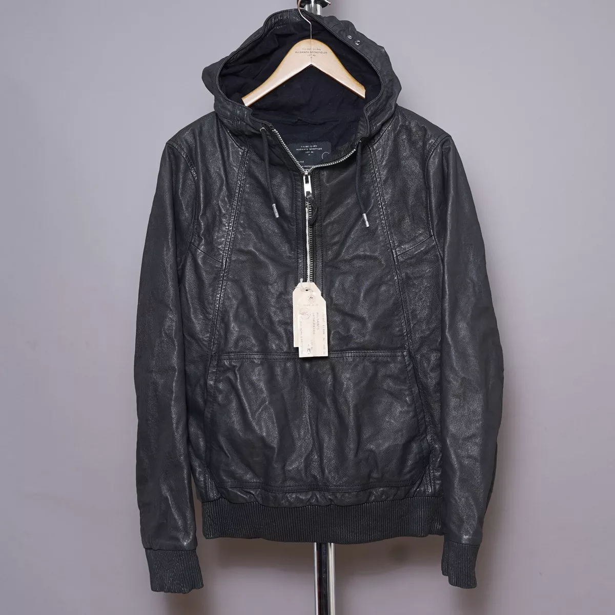 ALL SAINTS ZONE Leather Jacket LARGE Mens Black Hoodie Celebrity Biker Bomber L