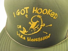 Lake Henshaw Trucker Hat Mens Green Snapback Cap I Got Hooked at Camp Fishing CA