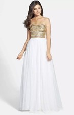 Sherri Hill Prom Sz 0 Crystal Beaded Strapless Chiffon gold wedding Gown $550