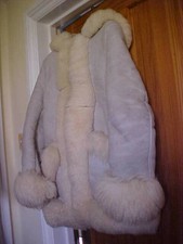1960 Thick White Sheep Skin Winter Coat With Hood And Trim 10-12