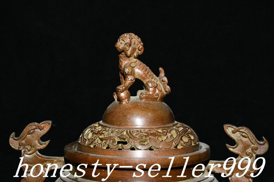 7.8" Antigua Dinastía Púrpura Bronce Dragón Bestia León Animal Quemador Incienso Censario Foto 2 de 4