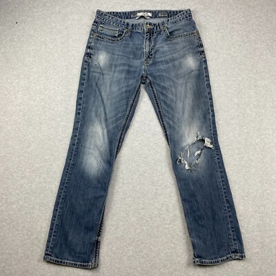 Buckle BKE Jake Jeans Mens 33R Blue Straight Leg Distressed Ripped Denim 