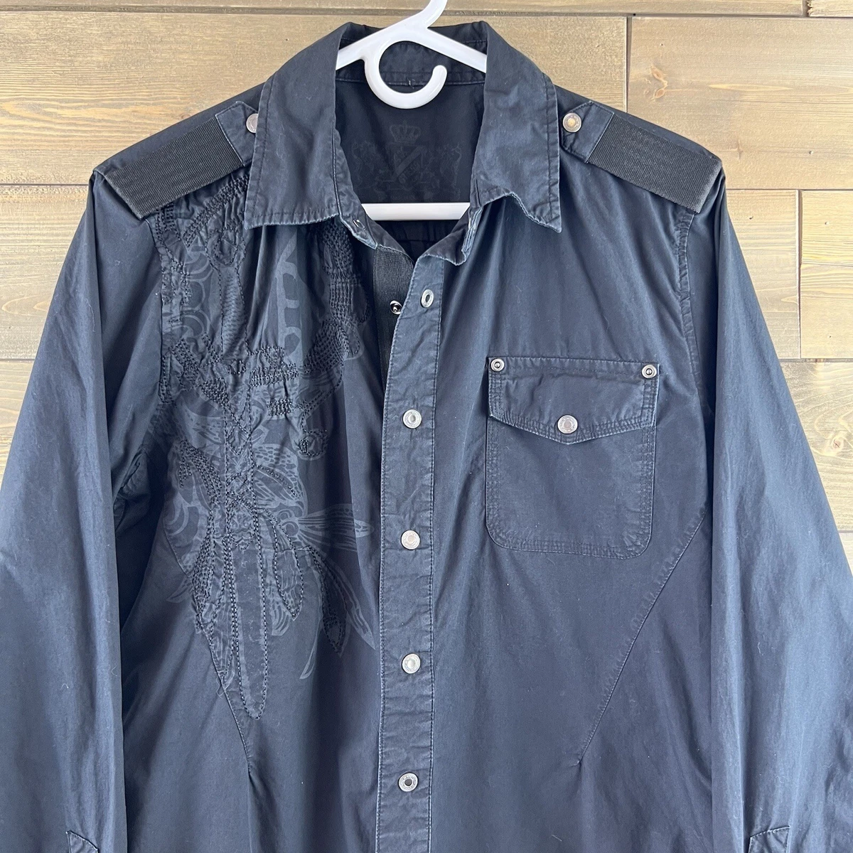 Camisa Guess Para Hombre Manga Larga Bordada a Presión Algodón Negra Talla Mediana