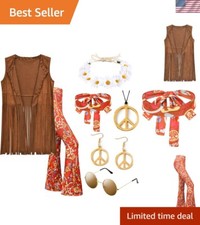 7-Piece 70s Hippie Costume Set with Fringe Vest and Accessories - Medium