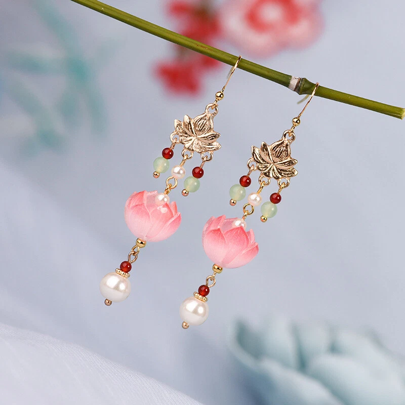 China Agate/Coloured Glaze/Pearl Lotus Flower Tibetan Style Earbob Earrings - Image 3 of 4
