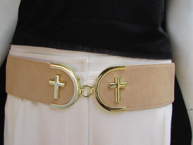 WOMEN WAIST HIP BEIGE WAISTBAND ELASTIC FASHION BELT GOLD CROSS BUCKLE SIZE S M - Image 4 of 4