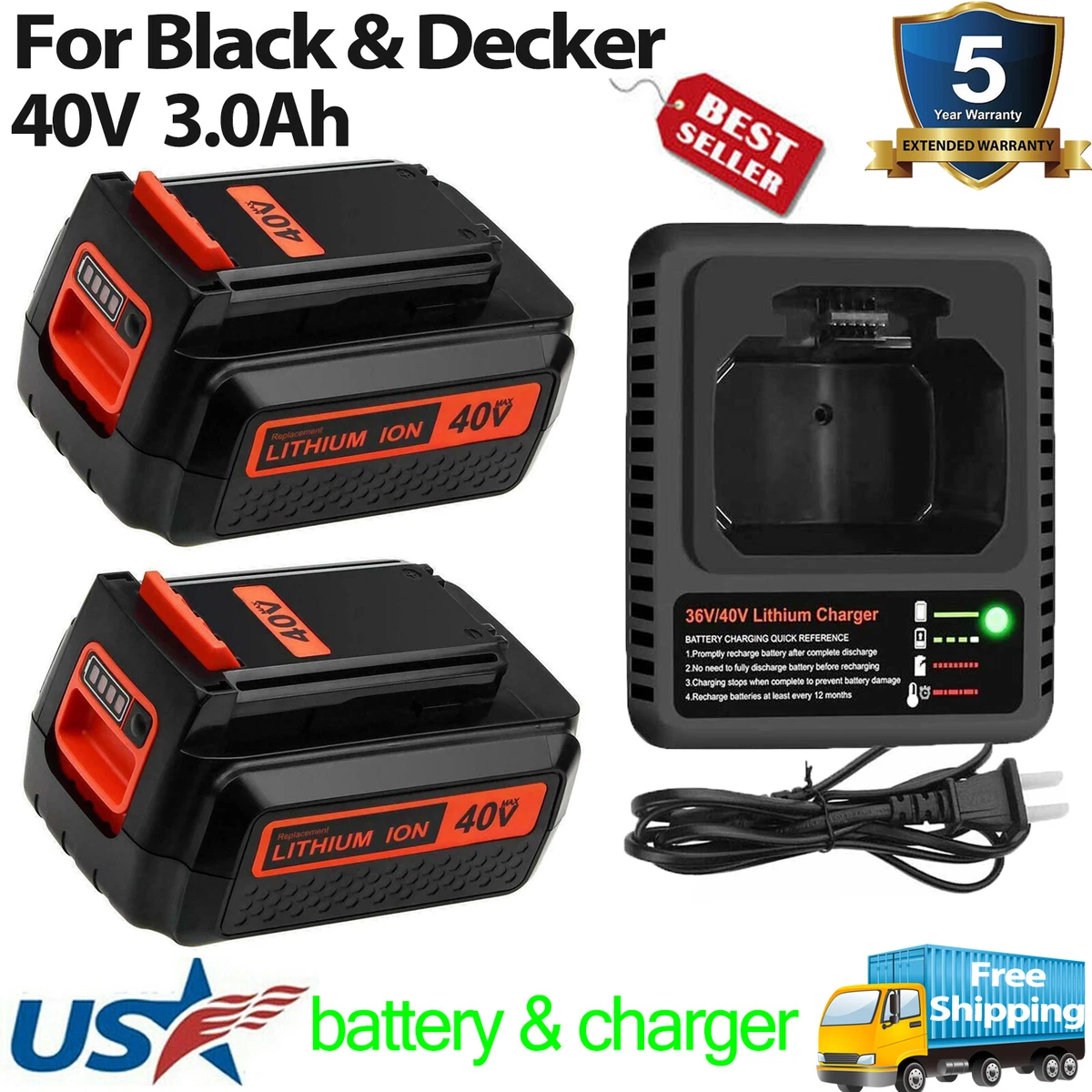 40V Lithium Battery or Charger for Black+Decker 40 Volt Max LBX2040 LBXR36  LSW36