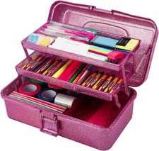 Glitter Pink 3 Layer Craft Storage Box, Pink Tackle Box Organizer for craft
