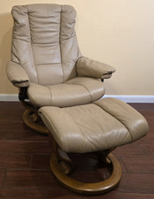 Ekornes Stressless Medium Sand Leather "Mayfair" Swivel Recliner and Ottoman