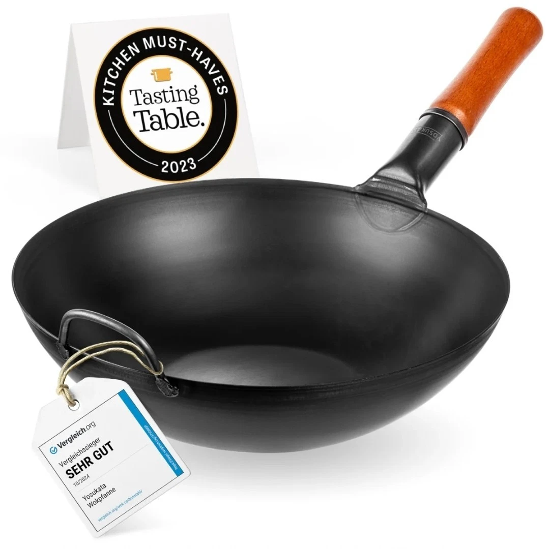 YOSUKATA Carbon Steel Wok 14 inch Bottomed Black Wok with Wooden Handle