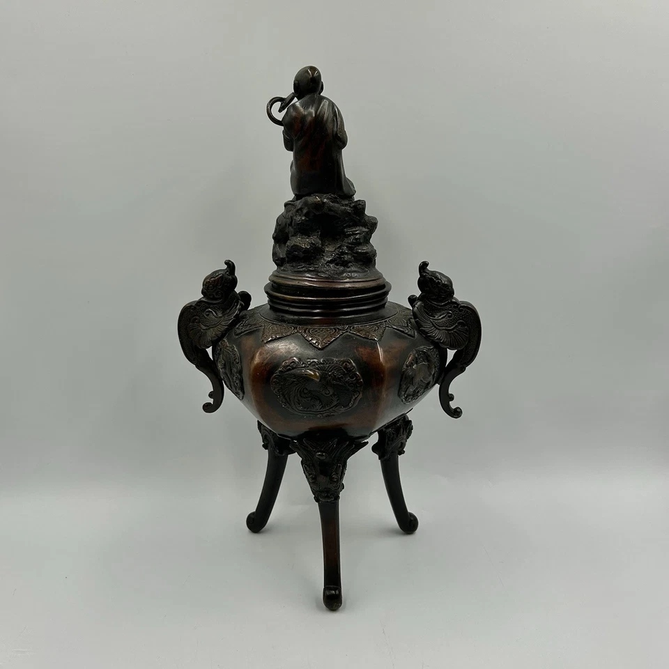 Antiguo quemador de incienso con sensor de bronce chino de colección principios del siglo XX 13" de alto x8" Foto 3 de 4