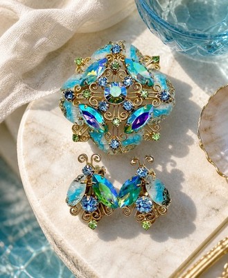 Vintage Aqua Art Glass AB Rhinestone Butterfly Demi Parure Brooch Earrings Set